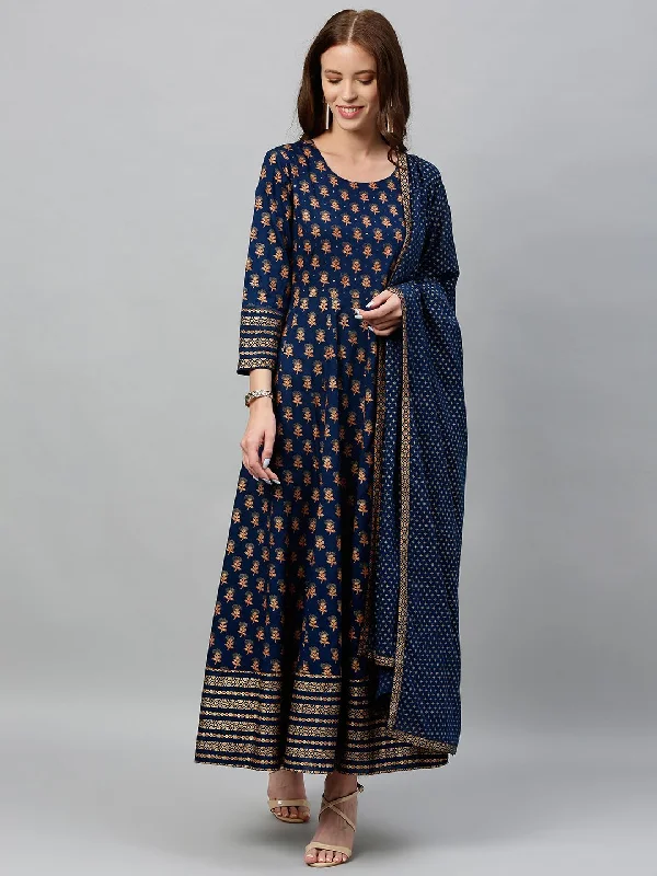 Women's Foral Printed Anarkali Kurta & Dupatta Set Blue Color With Waist Tie-Up Detail - Kipek