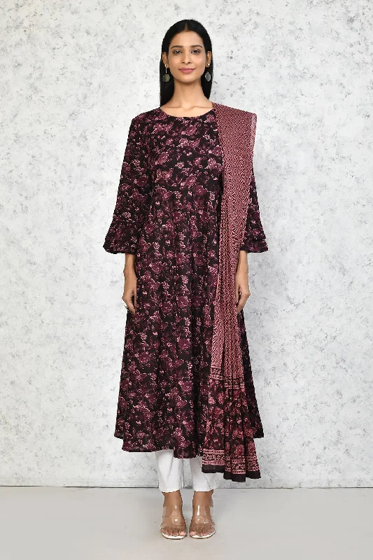 Women's Stunning Maroon Bell Sleeve Floral Printed Anarkali Kurta Dupatta - Miravan