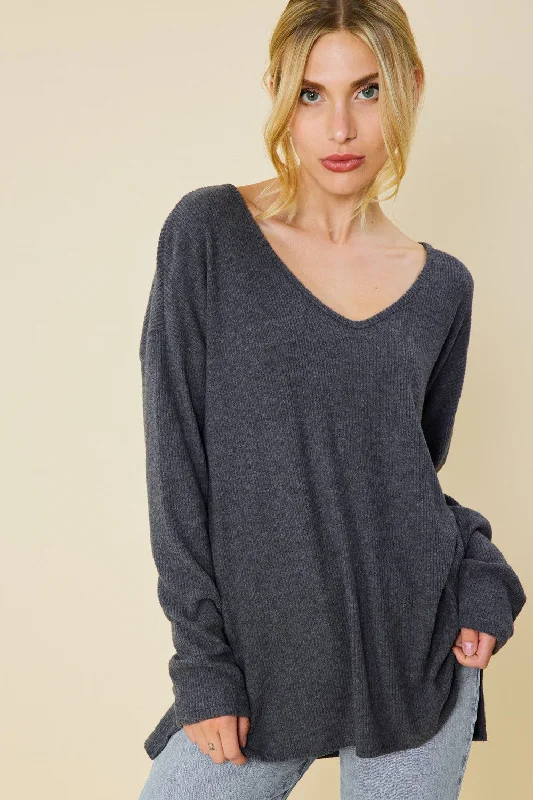 CHARCOAL V-NECK SOFT TOUCH RIB KNIT TOP FSLST3067