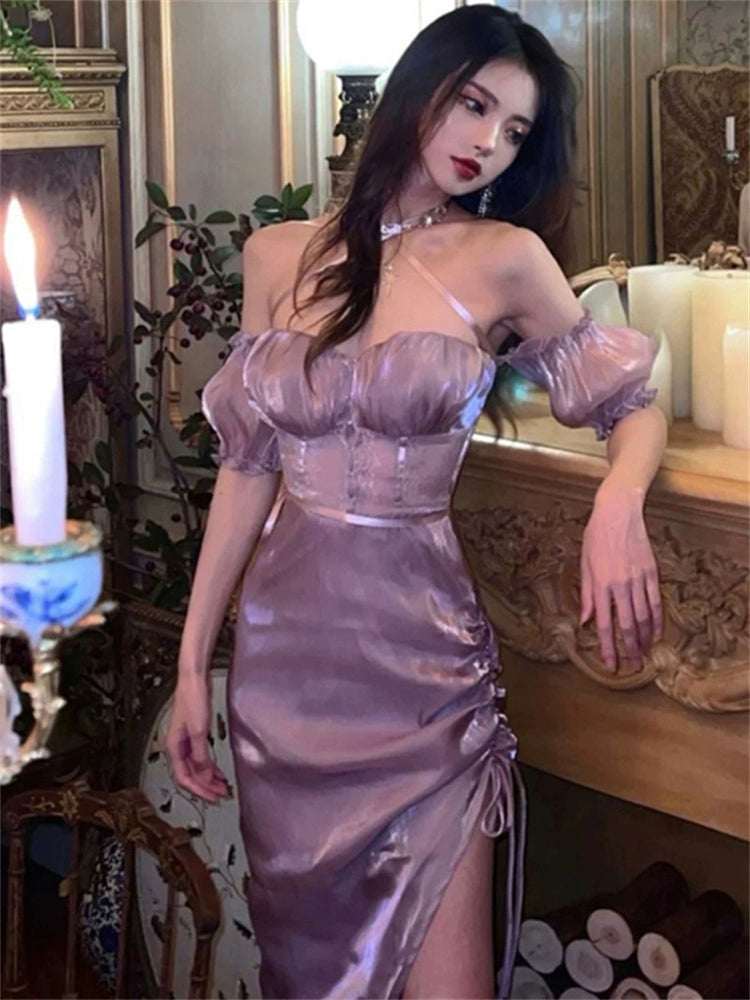 Birthday dress purple off-shoulder dress for women     S5733