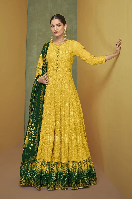 Women's Yellow Faux Georgette Semi Stitched Embroidered Designer Suit - Monjolika