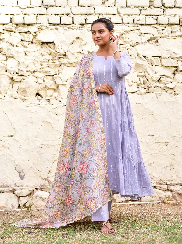 Women's Lilac Cotton Lurex Anarkali   - Kiswah