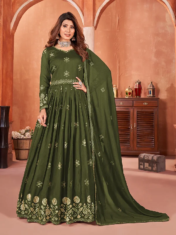 Women's Art Silk Embroidered Olive Green Party Wear Salwar Suit - Monjolika