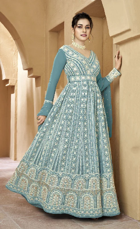 Women's Light Teal Faux Georgette Semi Stitched Embroidered Partywear Suit - Monjolika