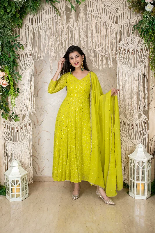 Women's Lime Green Embroidery Anarkali Set (3pc Set) - Label Shaurya Sanadhya