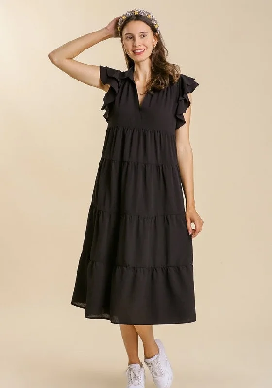 Tiered Ruffle Sleeve Midi Dress, Black