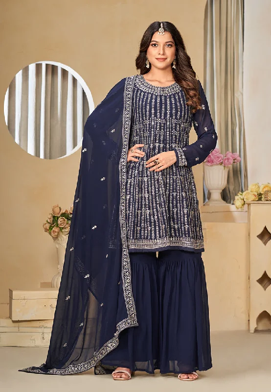 Women's Embroidered Navy Blue Faux Georgette Trendy Salwar Kameez - Monjolika