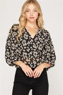 BLACK FLORAL PRINT 3/4 BUBBLE SLEEVES SURPLICE WOVEN TOP S8SS8171