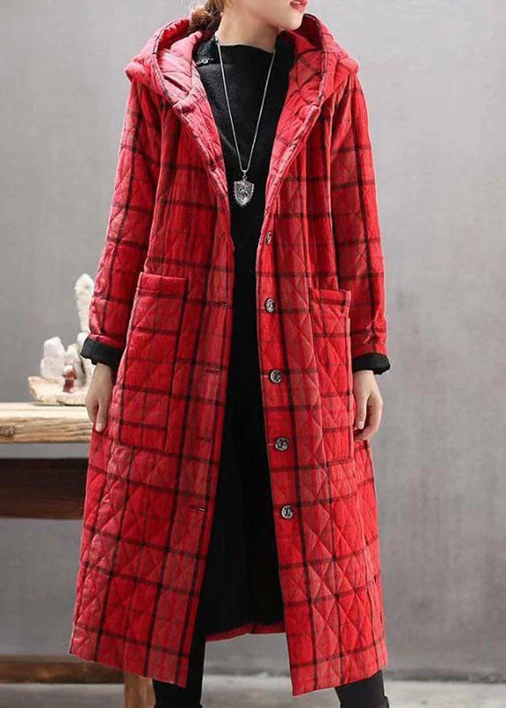 Bohemian Red Hooded Plaid Pockets Fine Cotton Filled Long Coat Outwear Winter