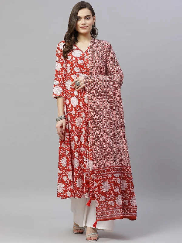 Women's Cotton Floral Printed Anarkali Kurta With Dupatta - Miravan