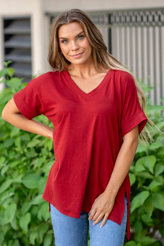 Super Soft Tee High Low Hem V Neck Top - Copper Red