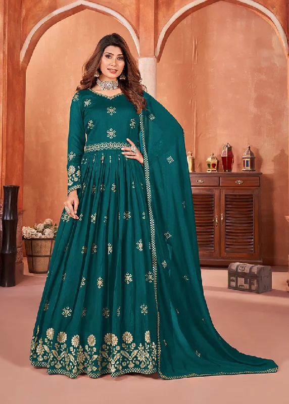 Women's Art Silk Embroidered Teal Party Wear Salwar Suit - Monjolika