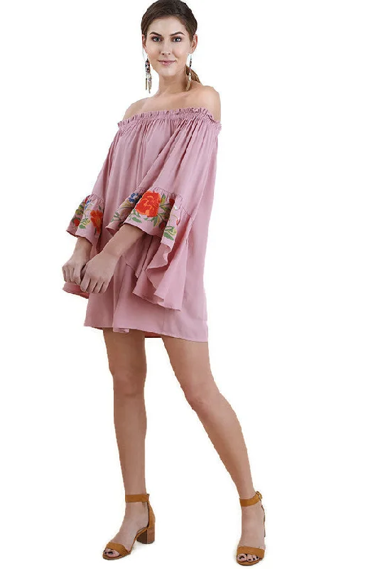 Floral Embroidered Bell Sleeve Mini Dress, Dusty Pink