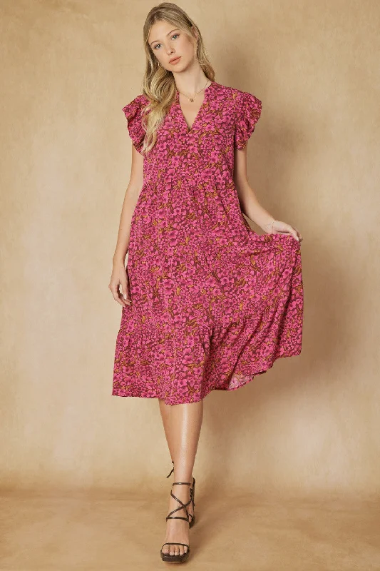 Floral Tiered Ruffle Midi Dress, Burgundy