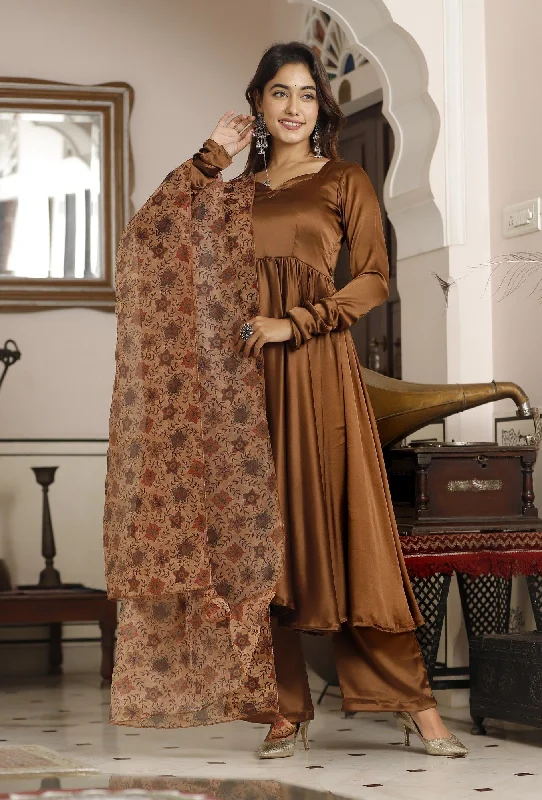 Women's Brown Silk Anarkali Set - Lado Jaipuri