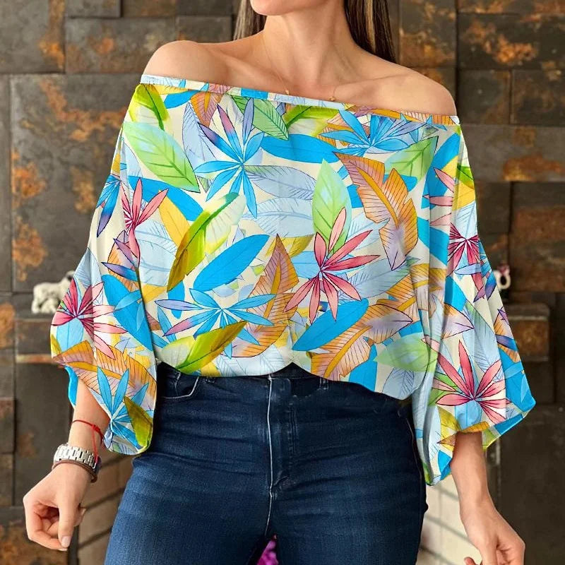 Women's Polyester Slash Neck Long Printed Pattern Casual Blouse