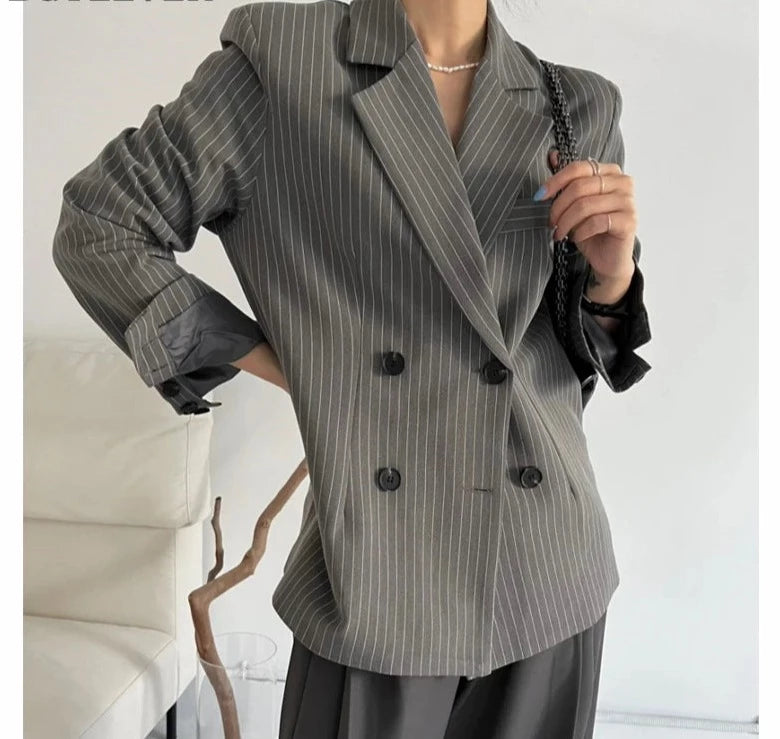 Women's Notched Collar Full Sleeves Double Breasted Vintage Blazer