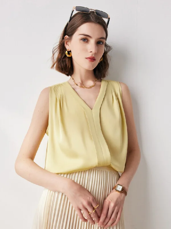 Women's Silk V-Neck Sleeveless Plain Pattern Casual Blouses