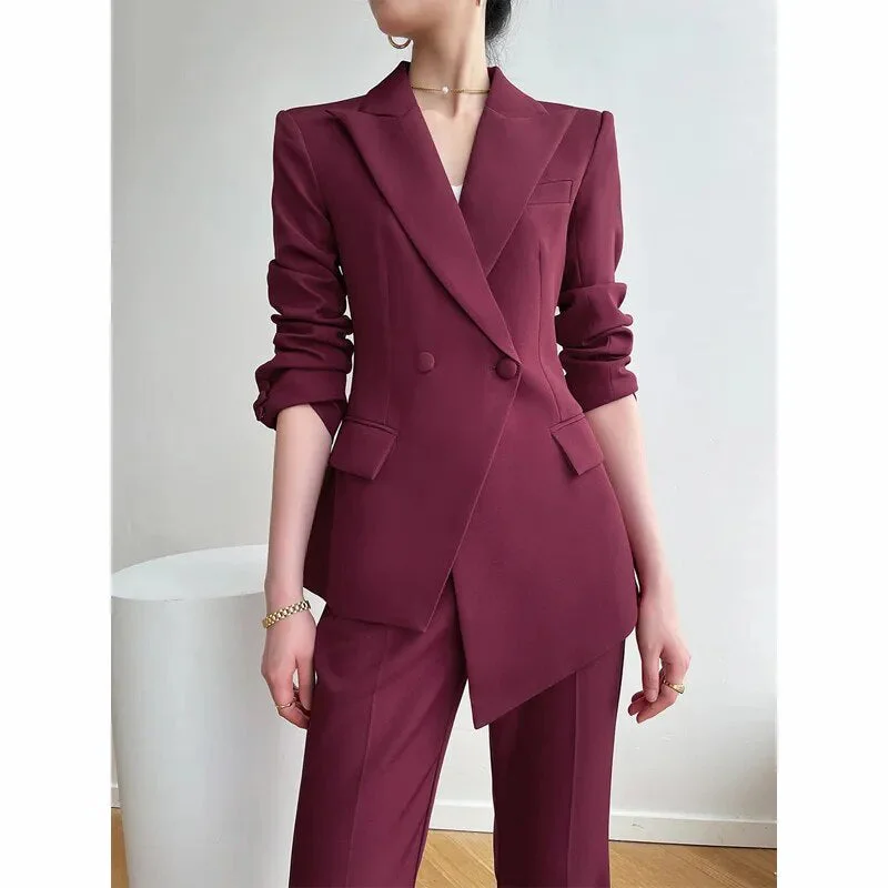 Women's Cotton Full Sleeves Double Breasted High Waist Blazer Set