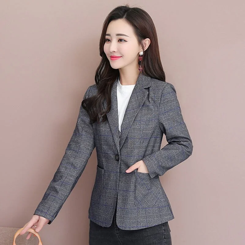 Women's Notched Collar Full Sleeves Single Button Plaid Blazers