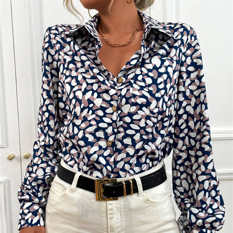 Women's Turn-Down Collar Long Sleeve Printed Pattern Casual Blouses