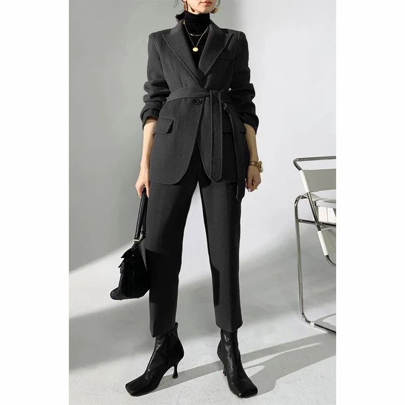 Women's Wool Full Sleeves Single Button High Waist Blazer Set