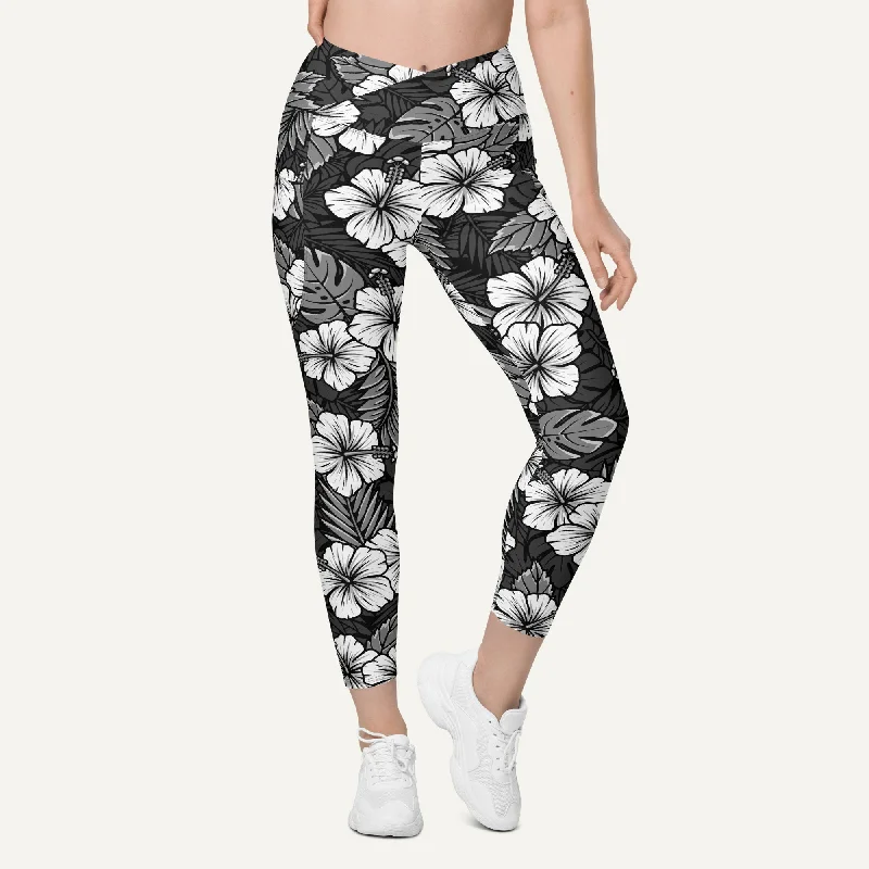 Hawaiian Aloha Black Crossover Leggings With Pockets