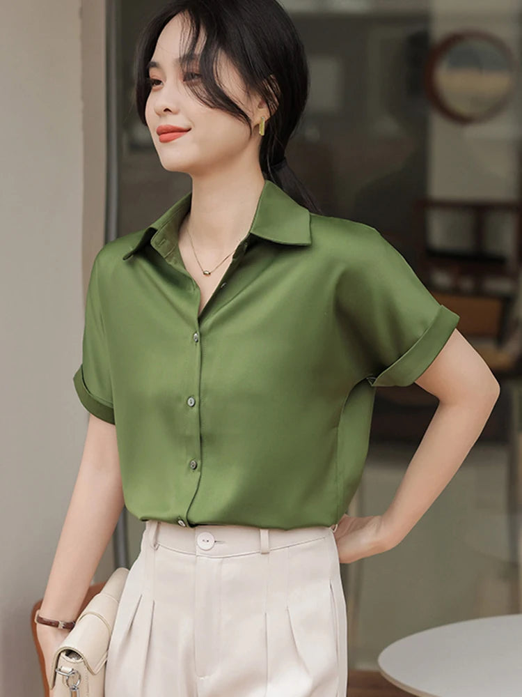 Women's Polyester Turn-Down Collar Short Sleeve Casual Wear Blouse