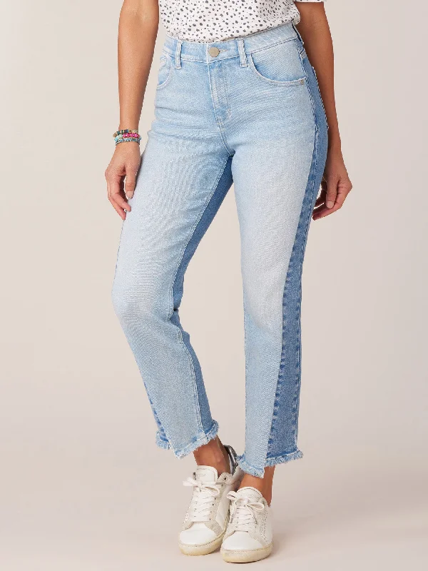 "Ab"solution High Rise Spliced Straight Leg Jean with Inside Step Hem