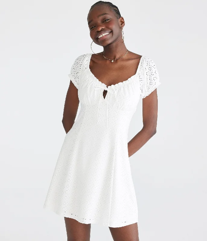 Aeropostale Solid Scoop-Neck Eyelet Fit & Flare Dress