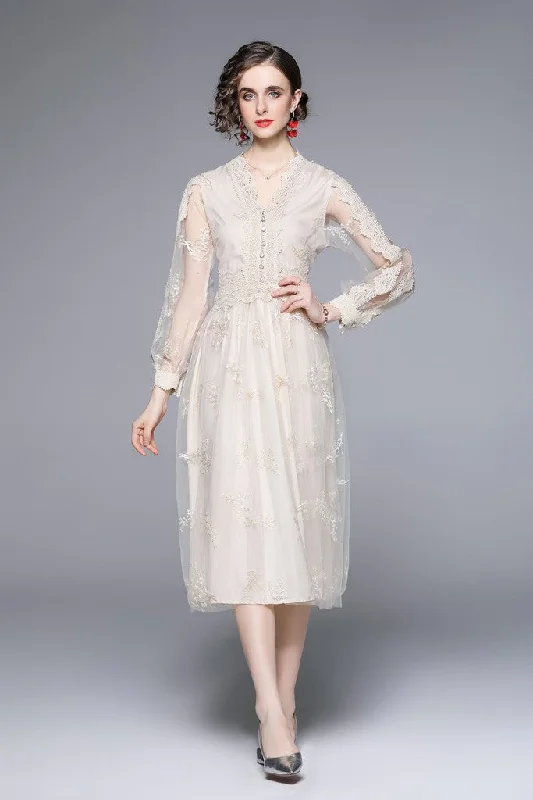 Apricot Evening A-line V-neck Long Sleeve Midi Lace Dress