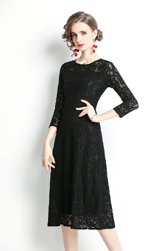 Black Evening Classic A-line Crewneck Bracelet Below Knee Lace Dress