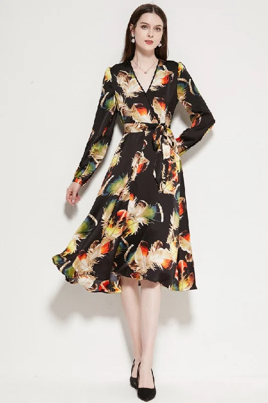 Black & Multicolor Print Day Wrapped V-neck Long Sleeve Below Knee Dress