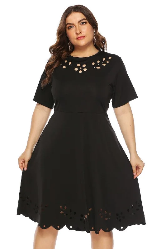 Black Office A-line Crewneck Short Sleeve Knee Dress