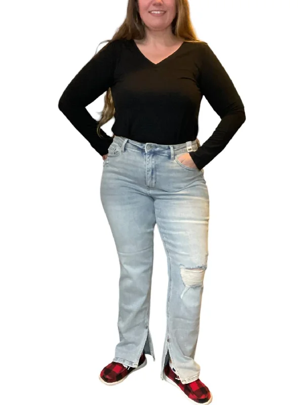 Destroyed High Waist With Side Slit Hem Jeans In Silversmoke