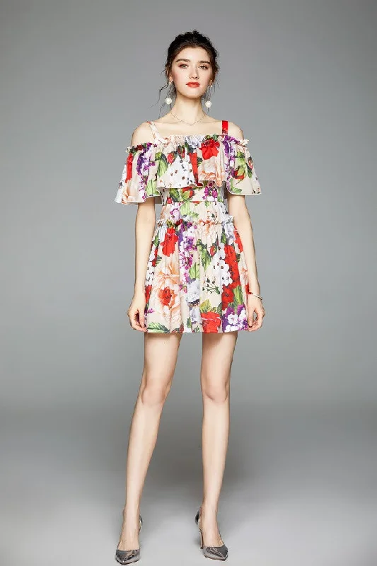 Multicolor Day A-line Off The Shoulder Strap Micro Floral Printed Dress