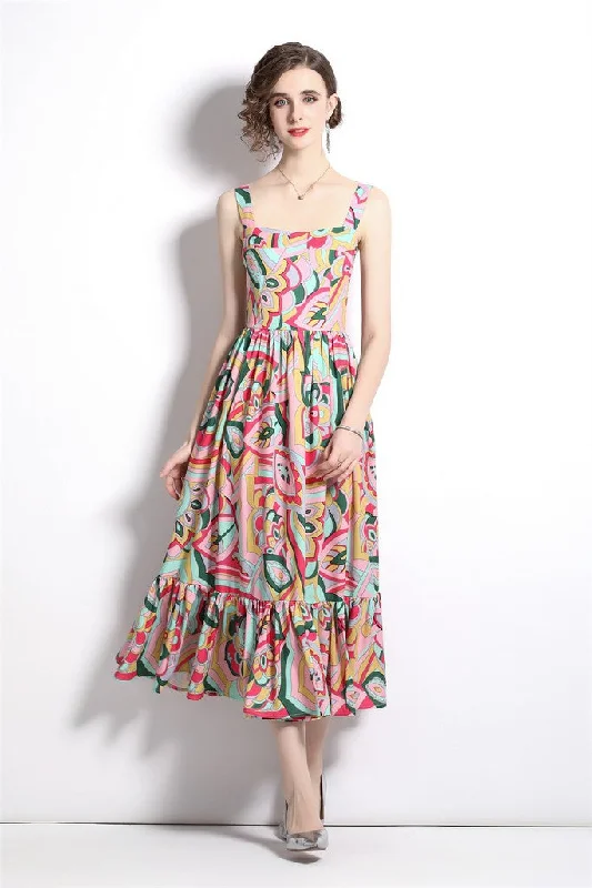 Multicolor Day A-line Strap Printed Maxi Dress