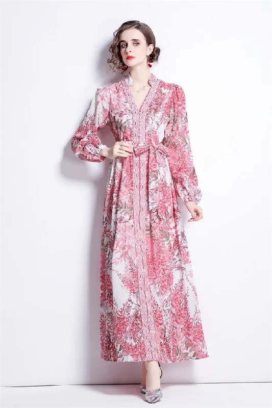 Multicolor Day A-line V-neck Bishop Long Sleeve Tea Printed Dress