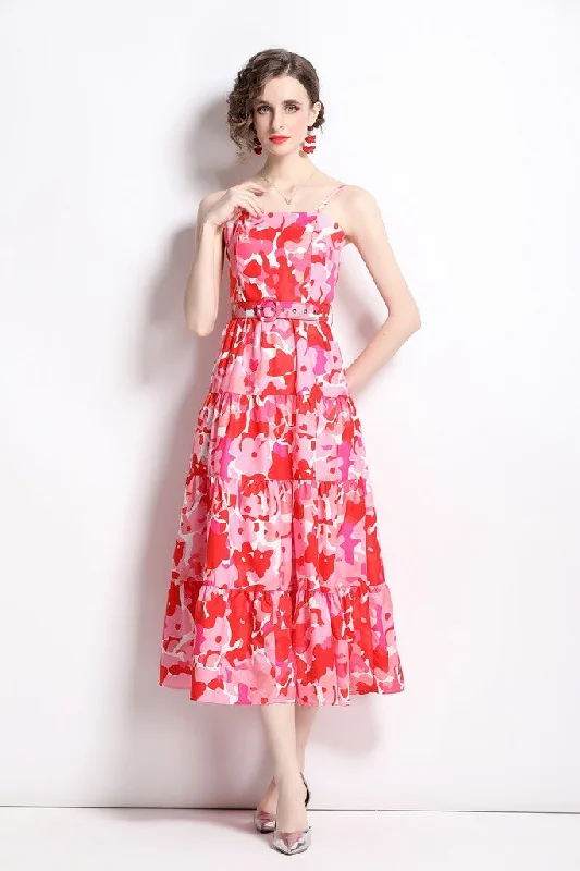 Red & Pink Day A-line Maxi Strap Printed Dress