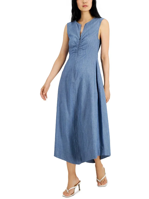 Womens Heathered Tea-Length Fit & Flare Dress