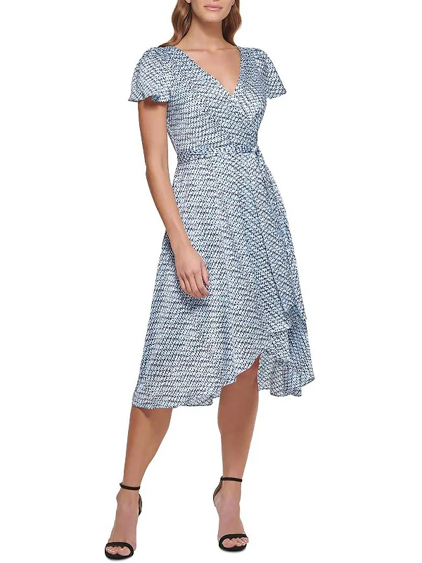 Womens Printed Knee-Length Wrap Dress