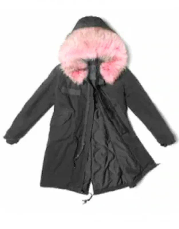 BLACK PARKA QUILT LINING PINK FUR