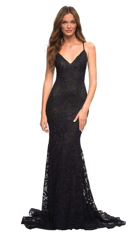 La Femme - 30511 V-Neck Stretch Lace Gown