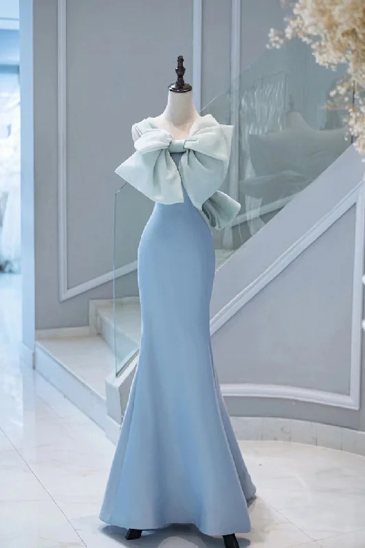 Elegant Light Blue Straps Mermaid Bowknot Long Formal Party Dress, DP3503