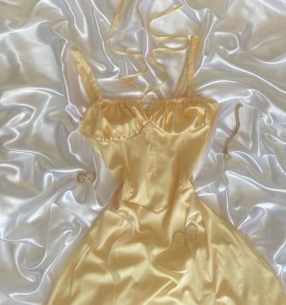 Light Yellow Spaghetti Straps Satin Mini Party Dress Mini Birthday Outfit, DP3519