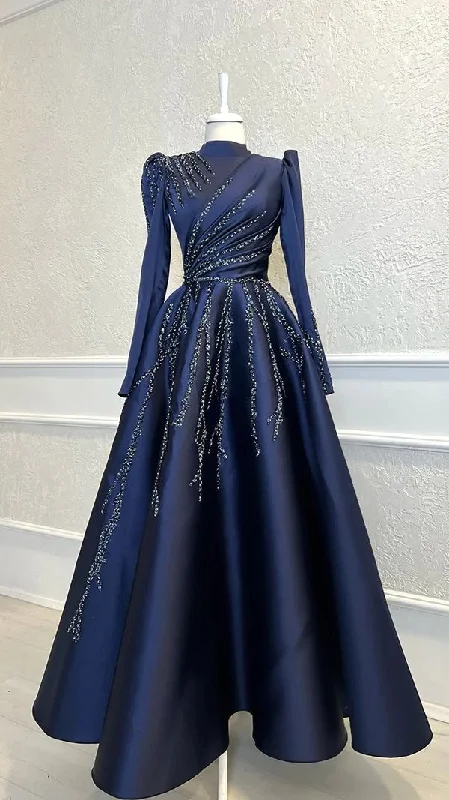 Navy Blue Satin Beaded Faux Muslim High Collar Ball Gown Formal Party Evening Gown, DP3494