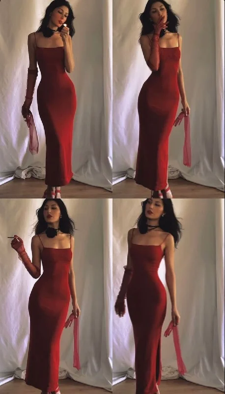 Sexy Red Spaghetti Straps Mermaid Stunning Long Evening Dress, DP3397