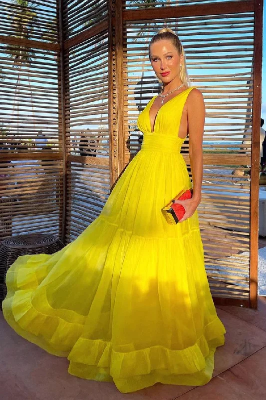 Yellow V Neck A-Line Long Formal Party Dress Chiffon Guest Dress, DP3400