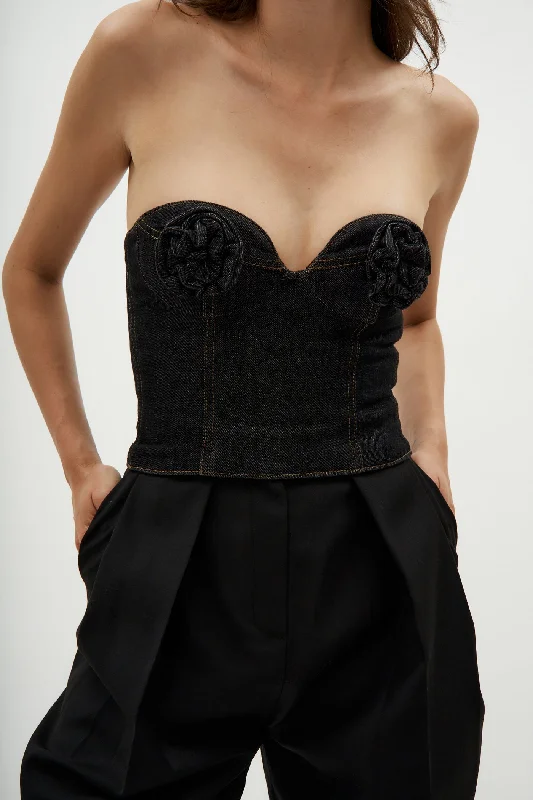 Flower Bustier Denim Corset Black Top